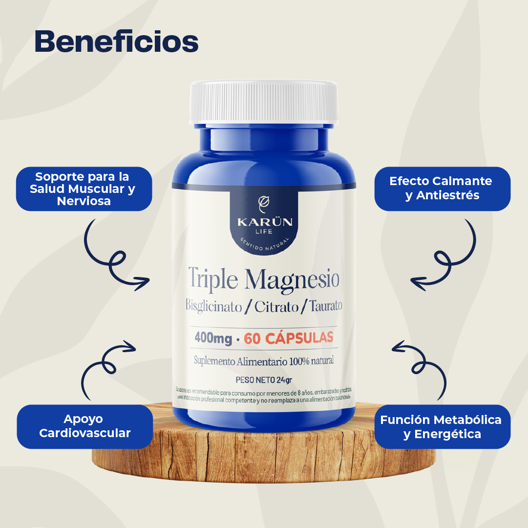Triple Magnesio (Bisglicinato, Citrato Y Taurato) Karun Life 60 Cápsulas