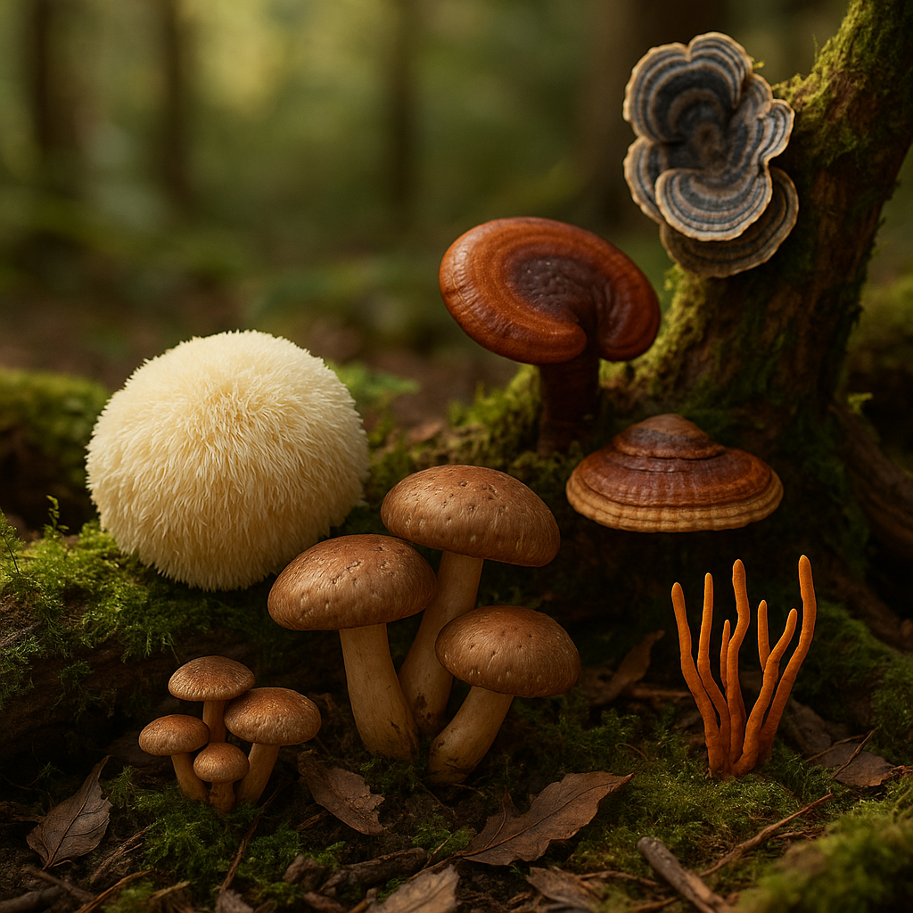 Imagen de Hongos adaptogenos como Melena de león, cola de pavo, reishi, shiitake y cordyceps en un entorno boscoso.
