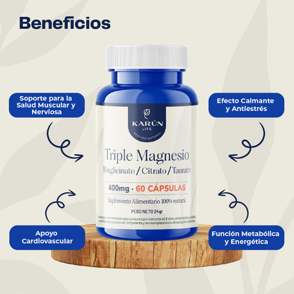 Triple Magnesio (Bisglicinato, Citrato Y Taurato) Karun Life 60 Cápsulas